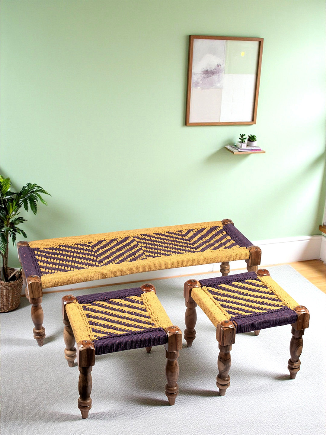 Ikiriya Sheesham Wood 3+1+1 Maachi Bench Set With 2 Stools In Yellow & Purple Rope Canning