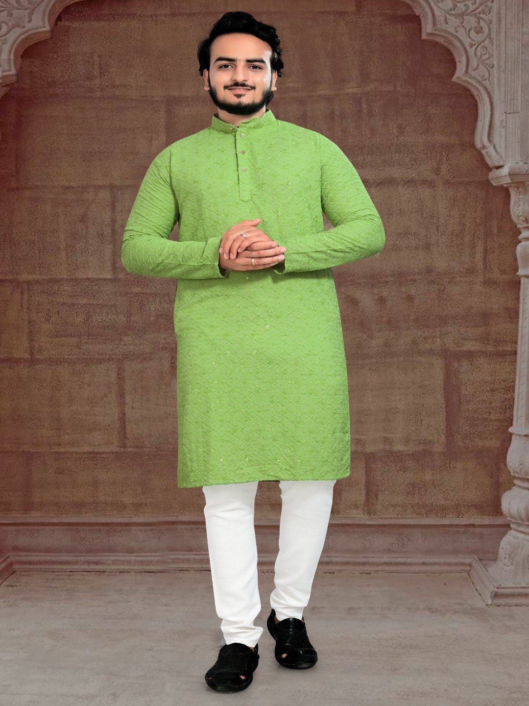 Riddhi Siddhi Enterprises Woven Design Mandarin Collar Straight Cotton Kurta