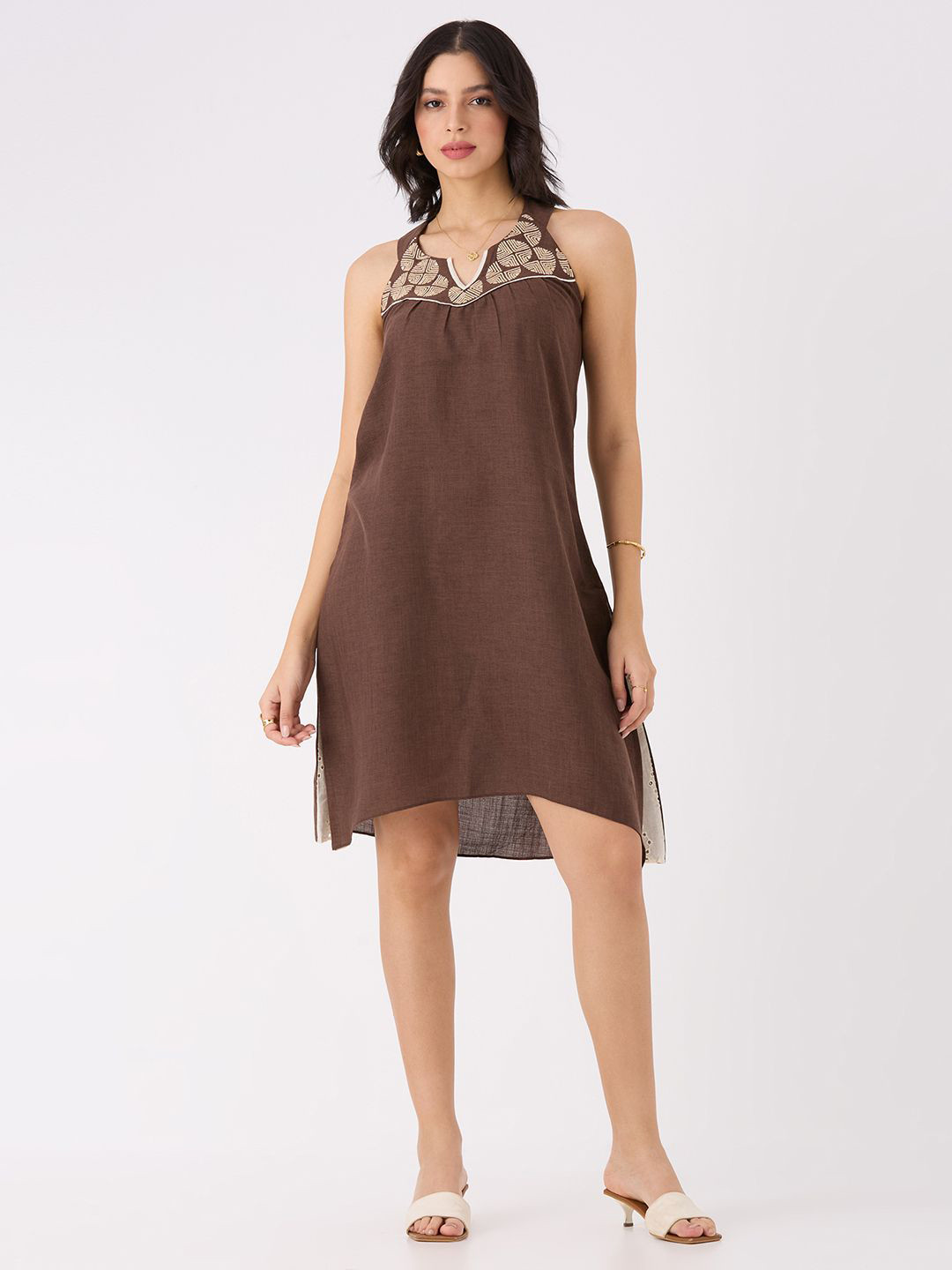 YURAA THE LABEL Women V-Neck Embroidered Cotton Shift Dress