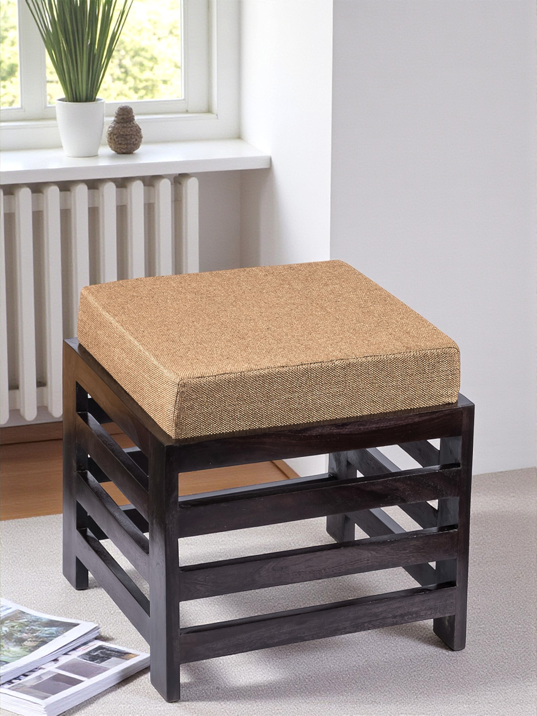 Ikiriya Sheesham Wood Stool In Extra Dark Mahagony Finish With Jute Beige Cushion