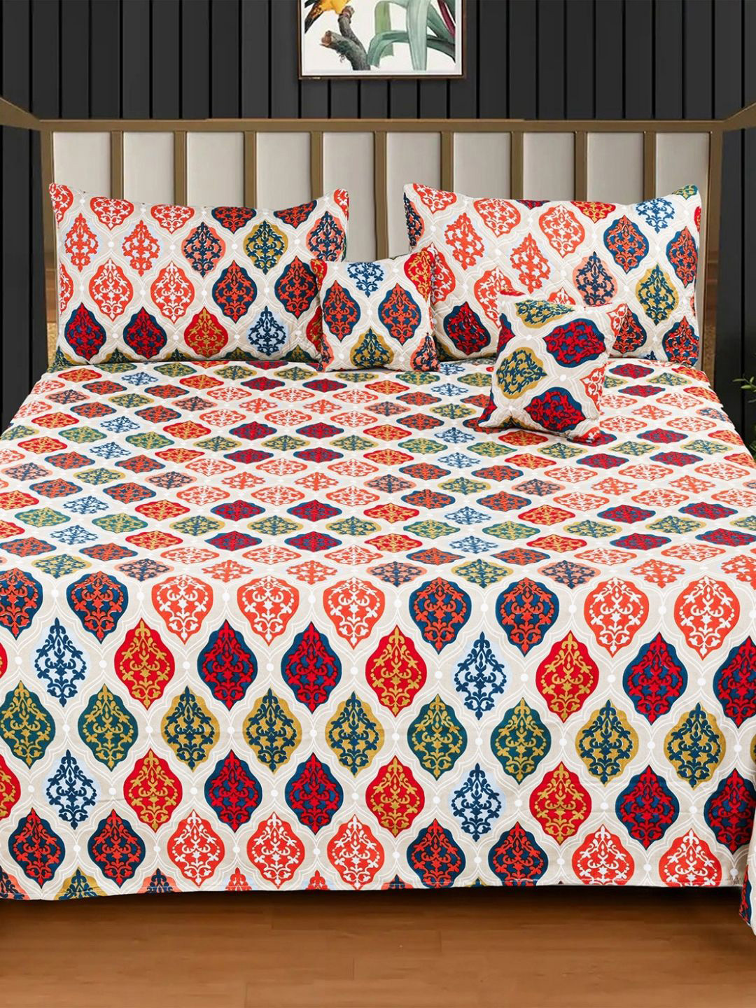 VAS COLLECTIONS Red & Orange Colored Printed Cotton 220 TC Queen Bedsheet Set