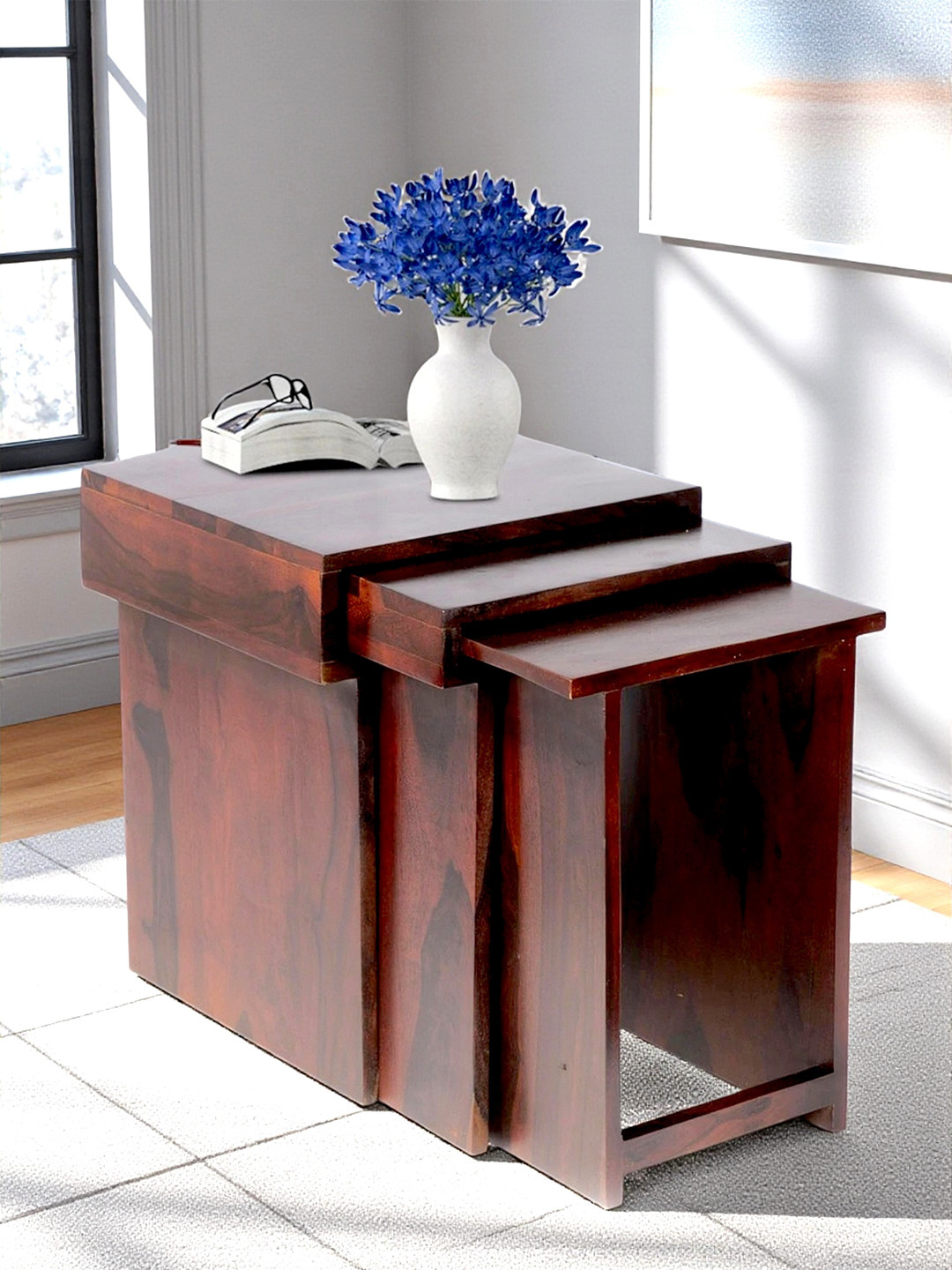 Ikiriya Oakland Sheesham Wood Contemporary Set Of 3 Nesting Tables In Dark Walnut Finish