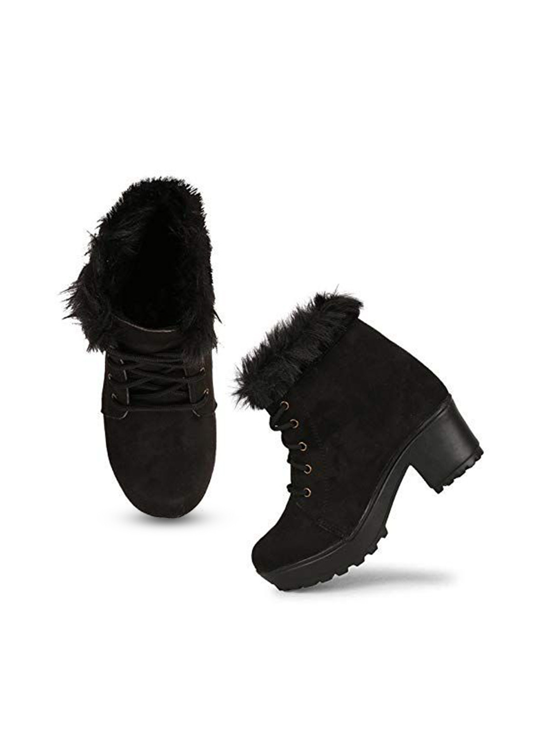 Ishransh Women Round Toe High Ankle Fur Lace-Ups Boots