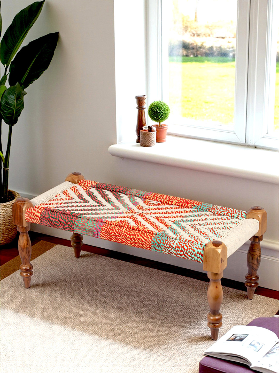 Ikiriya Sheesham Wood 2 Seater Maachi Bench In Multi Colour Chindi & White Rope Canning