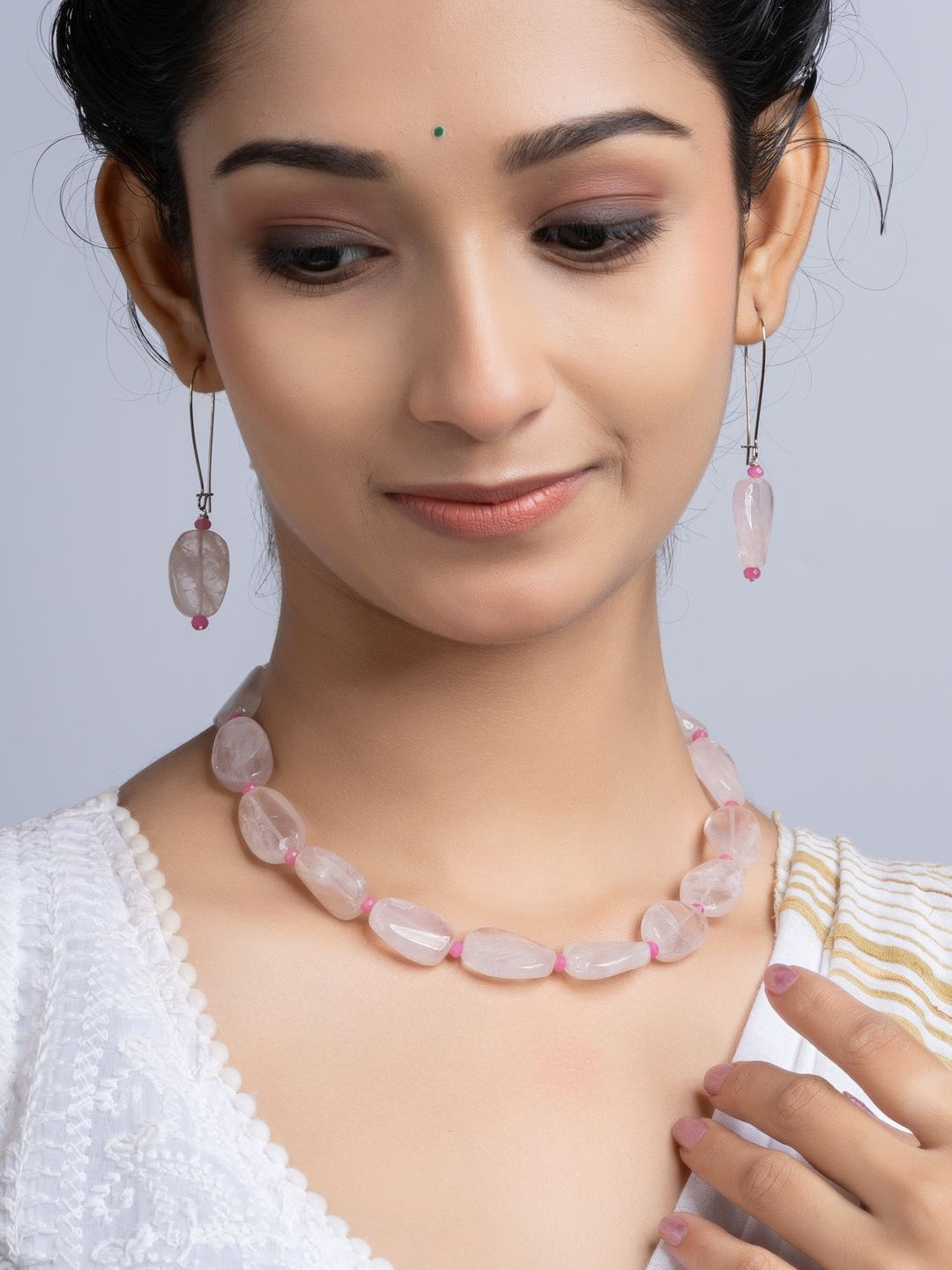 Look and Adorn Women Pink Rose Quartz Jade Necklace Set With Earrings