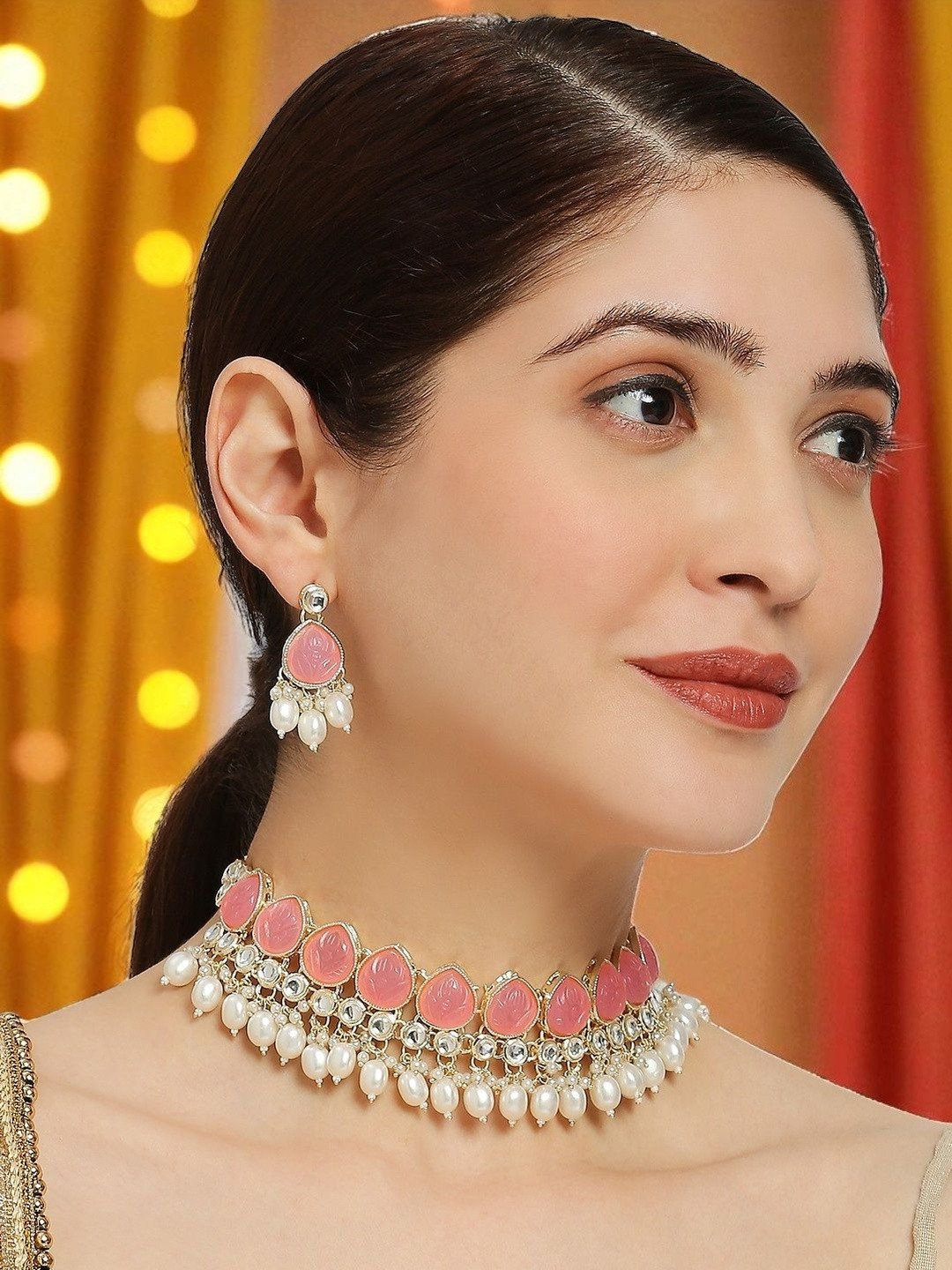 Anouk Pink Jaipur Stones & Pearls Ethnic Choker Necklace With Drop Earrings Jewellery Set