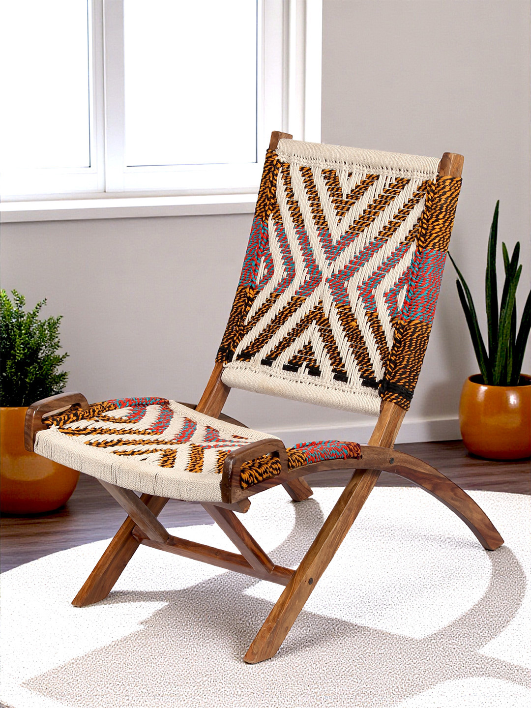 Ikiriya Natwest Sheesham Wood Relaxing Chair In Multi Colour Chindi & White Rope Canning