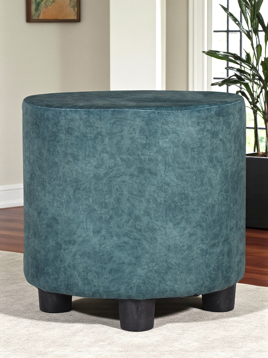 Ikiriya Lisbon Solid Wood Ottoman Pouffee In Textured Cyan Blue Jackard Fabric
