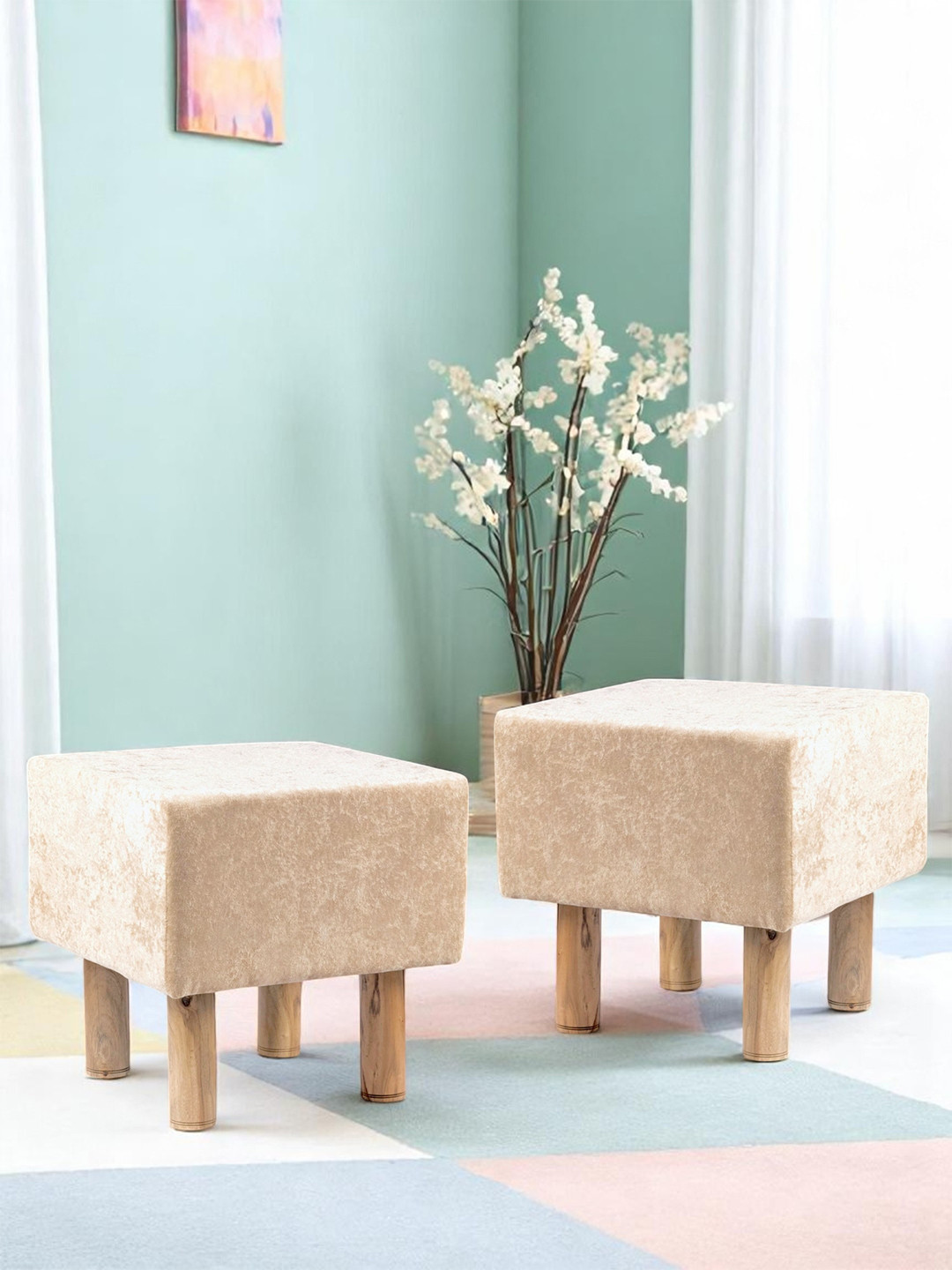 Ikiriya Acacia Wood Accent Square Set Of 2 Pouf Stools In Beige Sparkle Velvet Upholstery