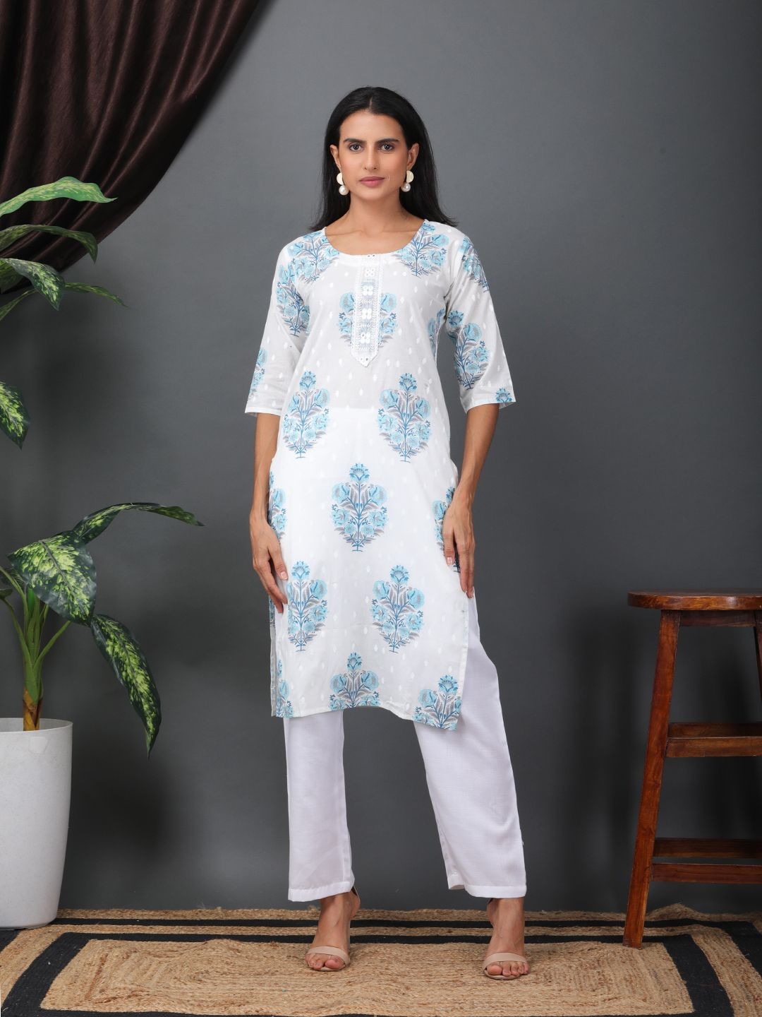 Sold For Style Women Floral Printed Round Neck Thread Work Pure Cotton Kurta