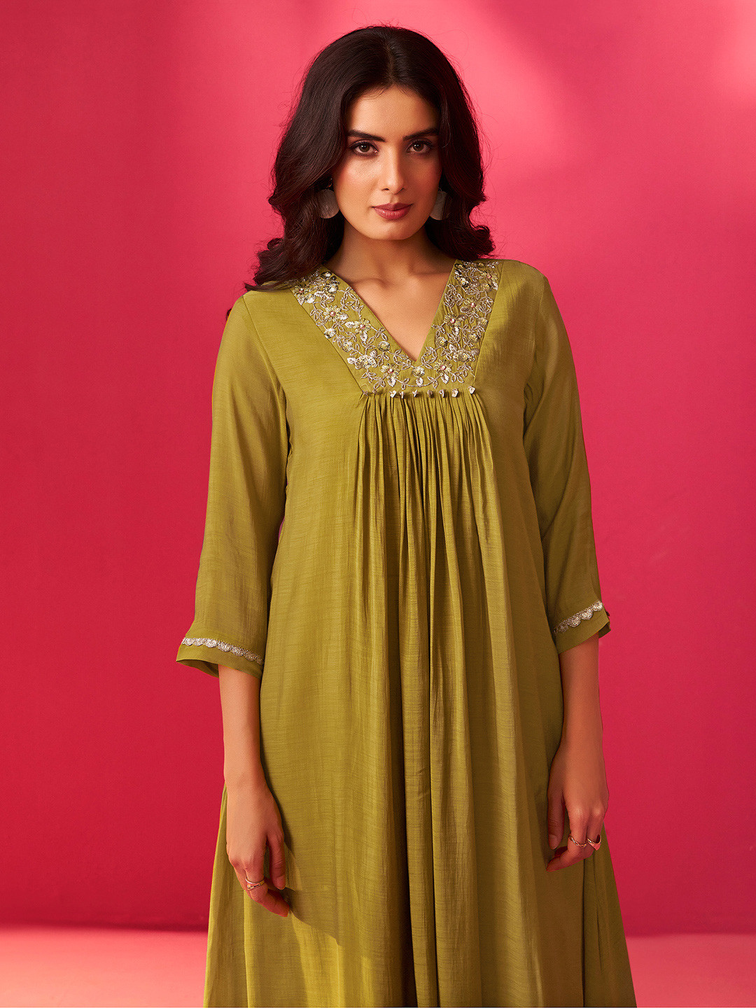 Indo Era Women Floral Embroidered Pleated Sequinned Kurta with Trousers