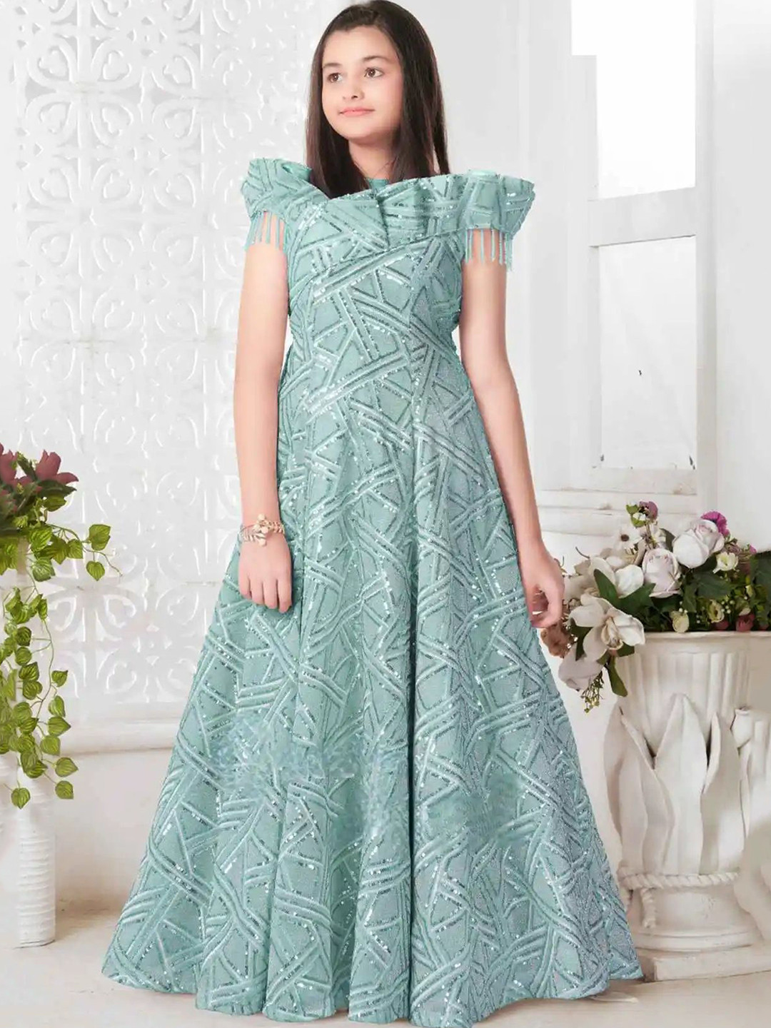 Lagorii Girls Blue Embellished  Gown with Fancy Sleeves