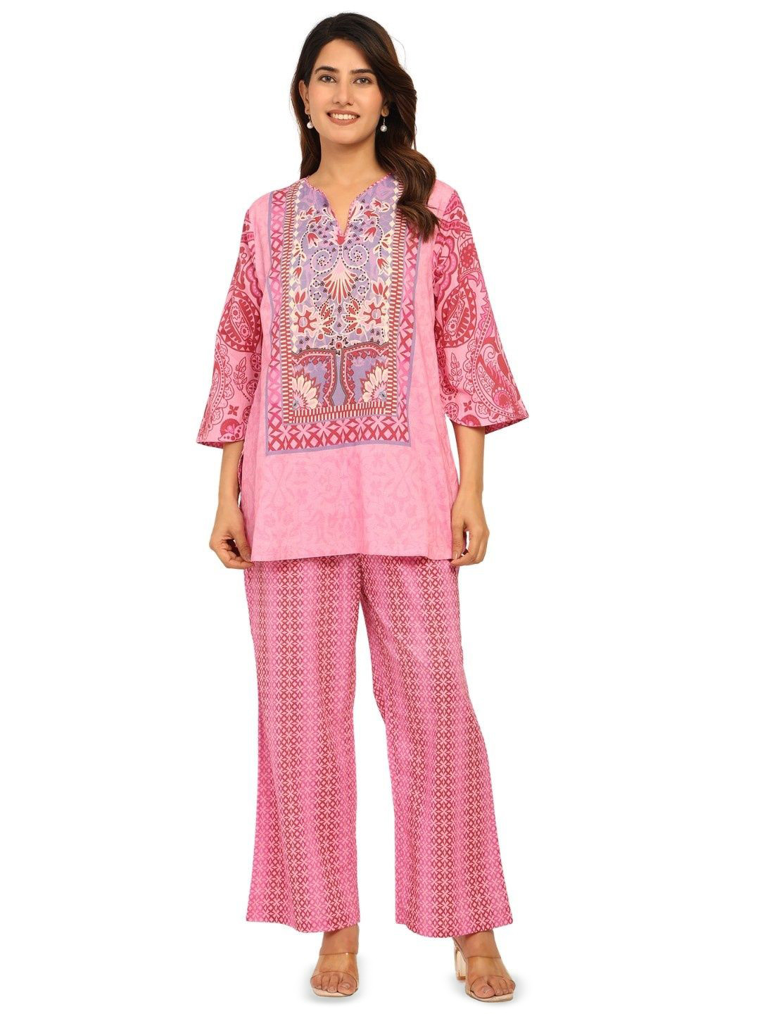 Toscee Printed Pure Cotton V Neck Top With Trousers Co-Ords Set