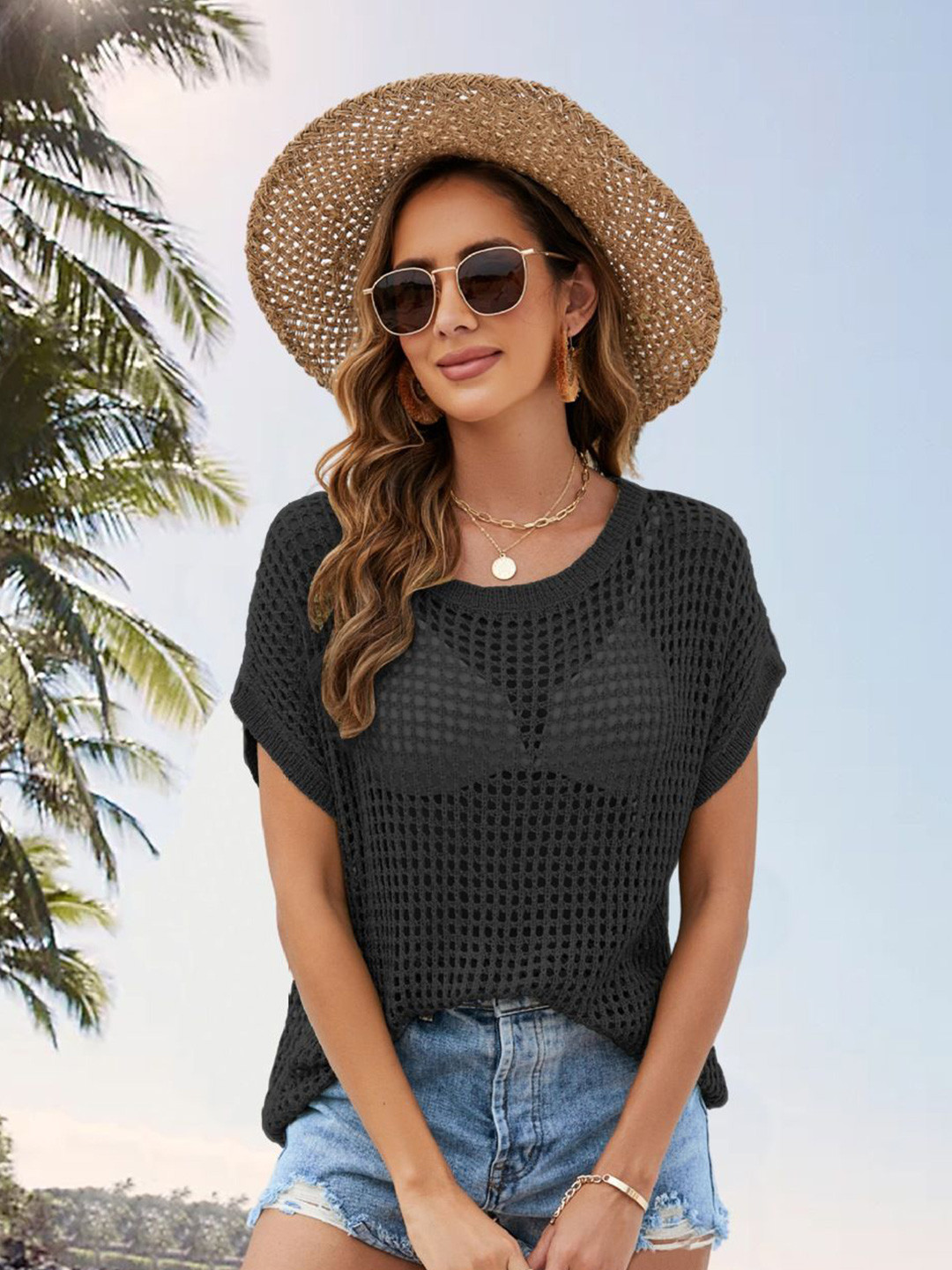 StyleCast Women Black Self-Designed Round Neck Top