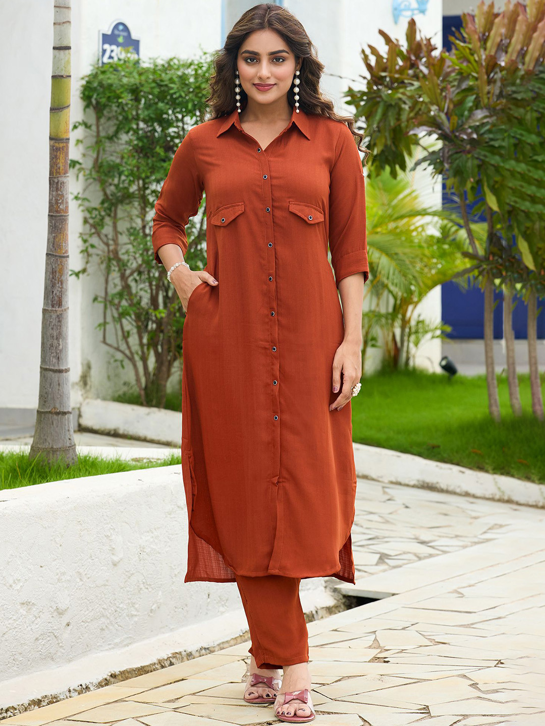 MITTOO Shirt Collar Tunic With Trousers