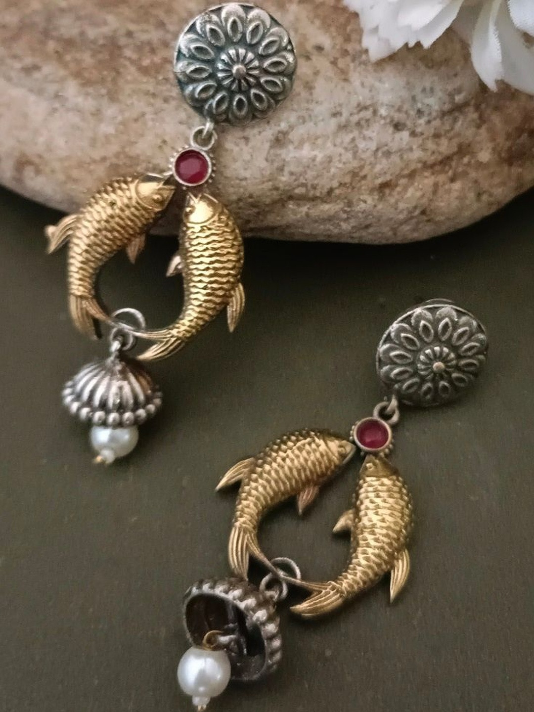 Sanjog Artificial Stones Studded And Beaded Oxidised Fish Shaped Drop Earrings