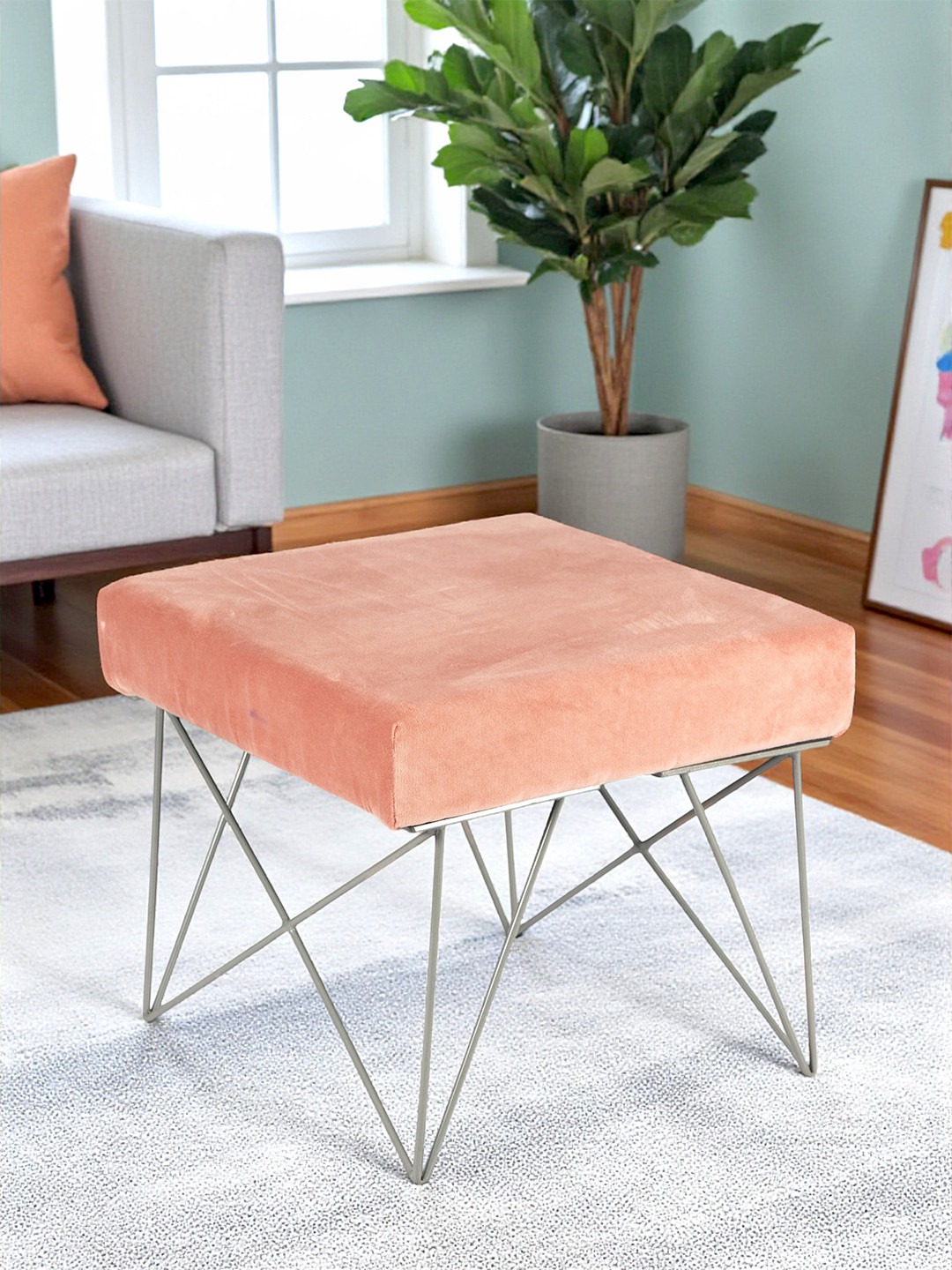 Ikiriya Rosewood Accent Stool With Metal Legs In Melon Pink Cotton Velvet Upholstery