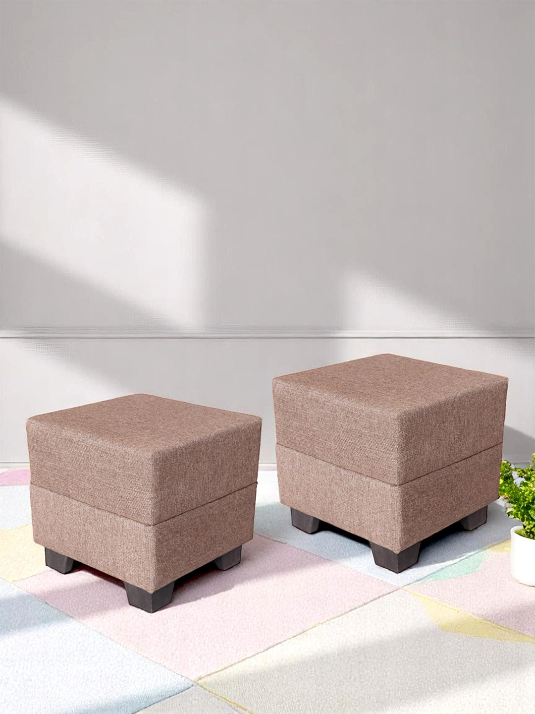 Ikiriya Iris Solid Wood Contemporary Square Set Of 2 Pouffees In Jute Beige Upholstery