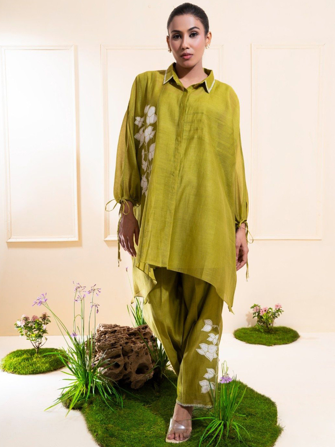 The White Tree Studio Embroidered Shirt Collar Top With Trousers