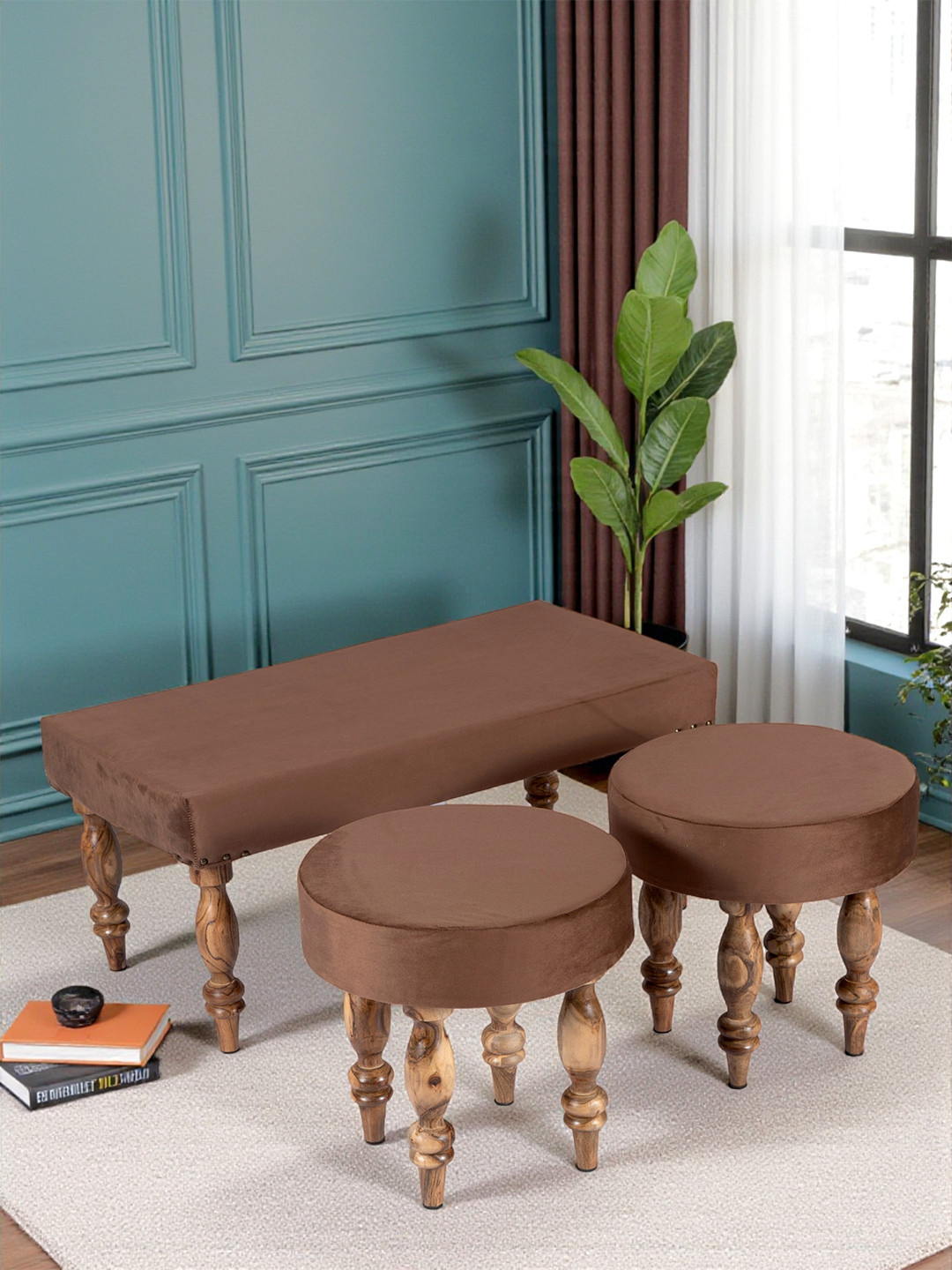 Ikiriya Sheesham Wood Accent 2+1+1 Seater Bench Set With 2 Stools In Taupe Brown Velvet