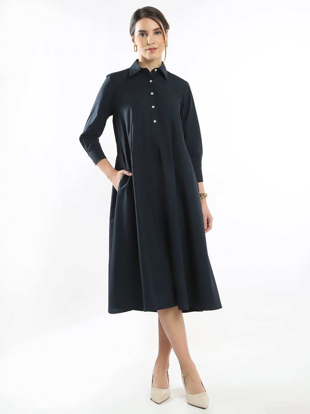Gazillion Elinda Shirt Collar Cotton A-Line Midi Dress