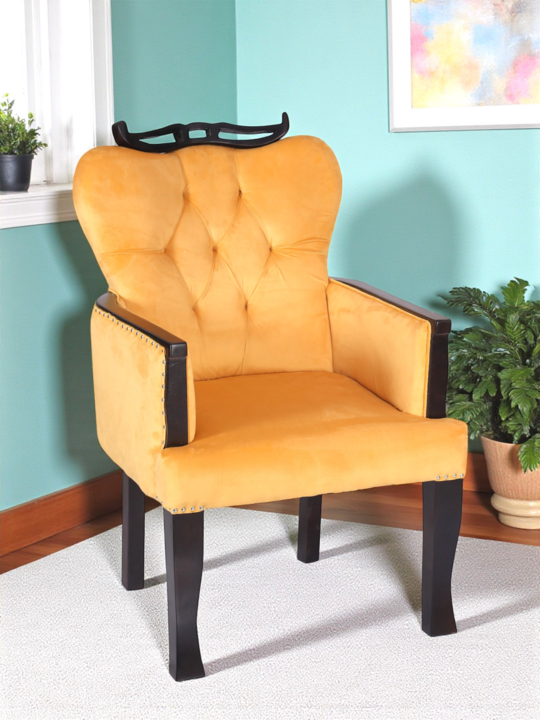 Ikiriya Arista Sheesham Wood Accent Lounge Chair In Yellow Velvet Upholstery