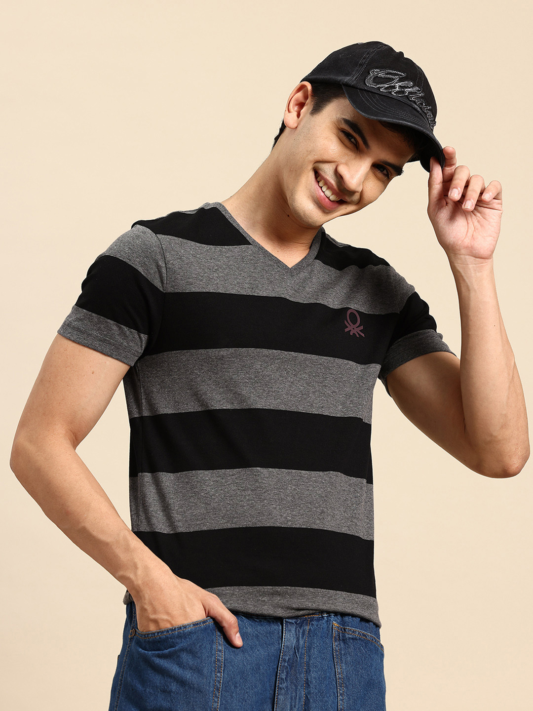 United Colors of Benetton Brand Logo Detail Horizontally Striped V-Neck T-shirt