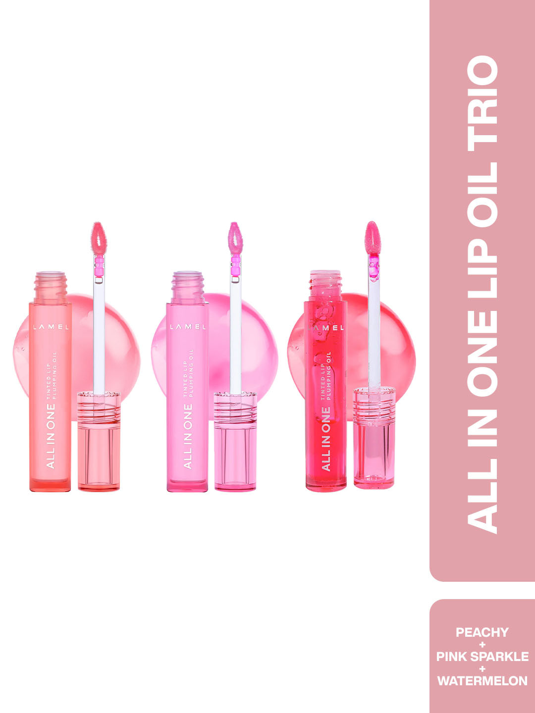 LAMEL Set Of 3 All In One Lip Tinted Plumping Oil - Peachy-Pink Sparkle - Watermelon