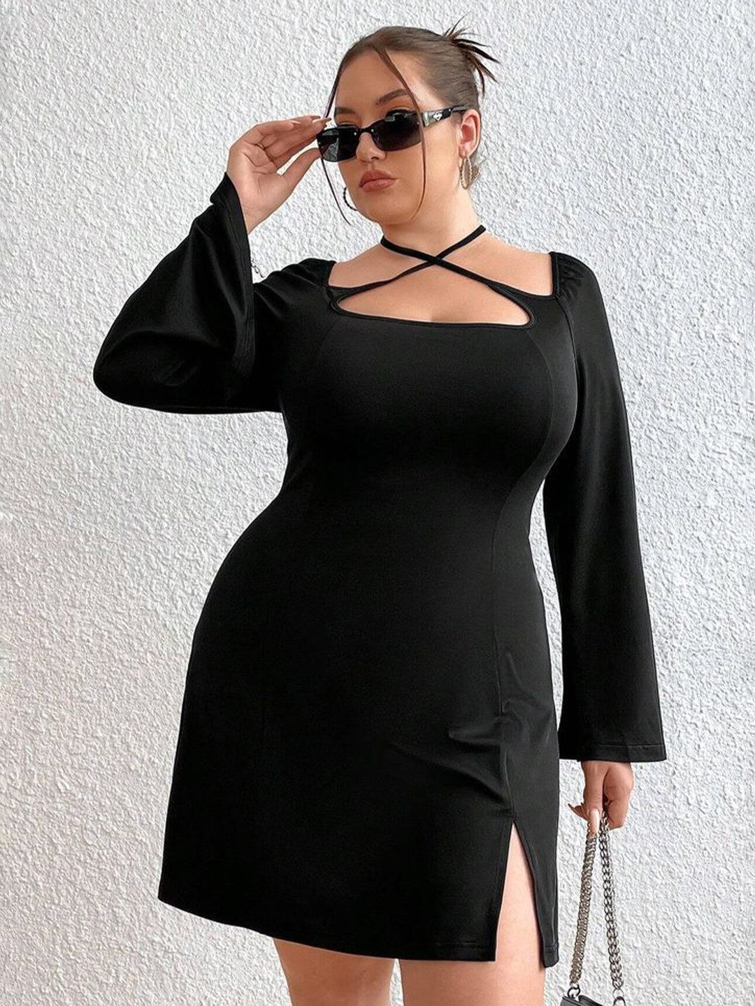 LULU & SKY Women Plus Size Square Neck Slit Sleeves Bodycon Mini Dress