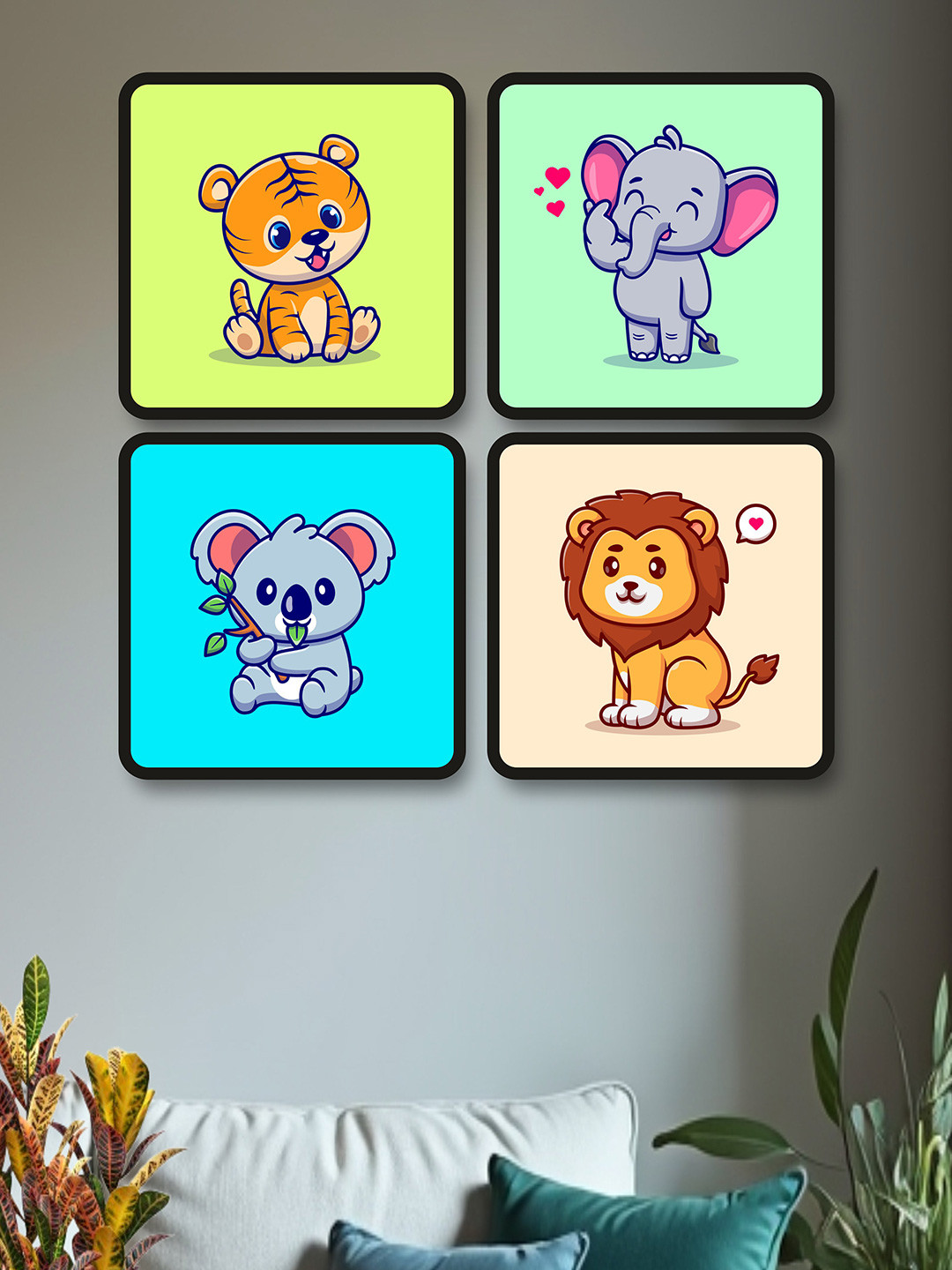 SAF Blue & Green 4-Pieces Cute Animals Printed Framed Wall Art