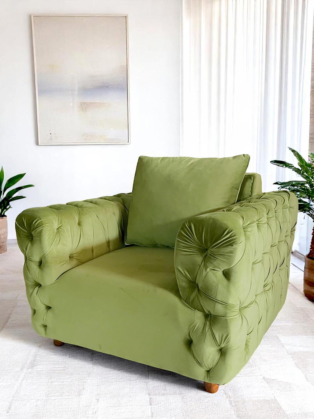 Ikiriya Green Pine Wooden Contemporary 1 Seater Sofa Chair
