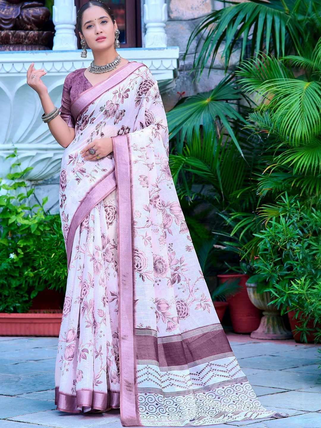 PHEASANT Floral Digital Print Pure Linen Saree