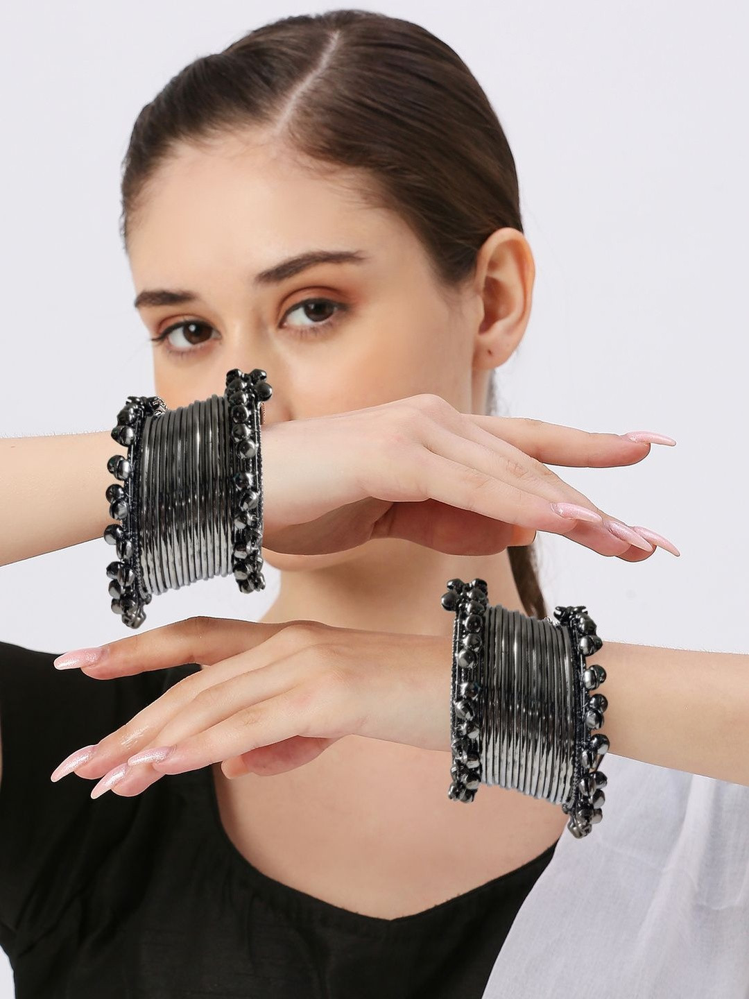 Sangria Women Pack of 40 Black Silver Oxidised Ghungroo Bangles