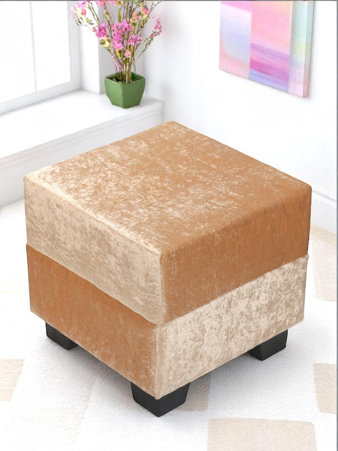 Ikiriya Iris Solid Wood Ottoman Pouffee In Ivory Sparkle Velvet