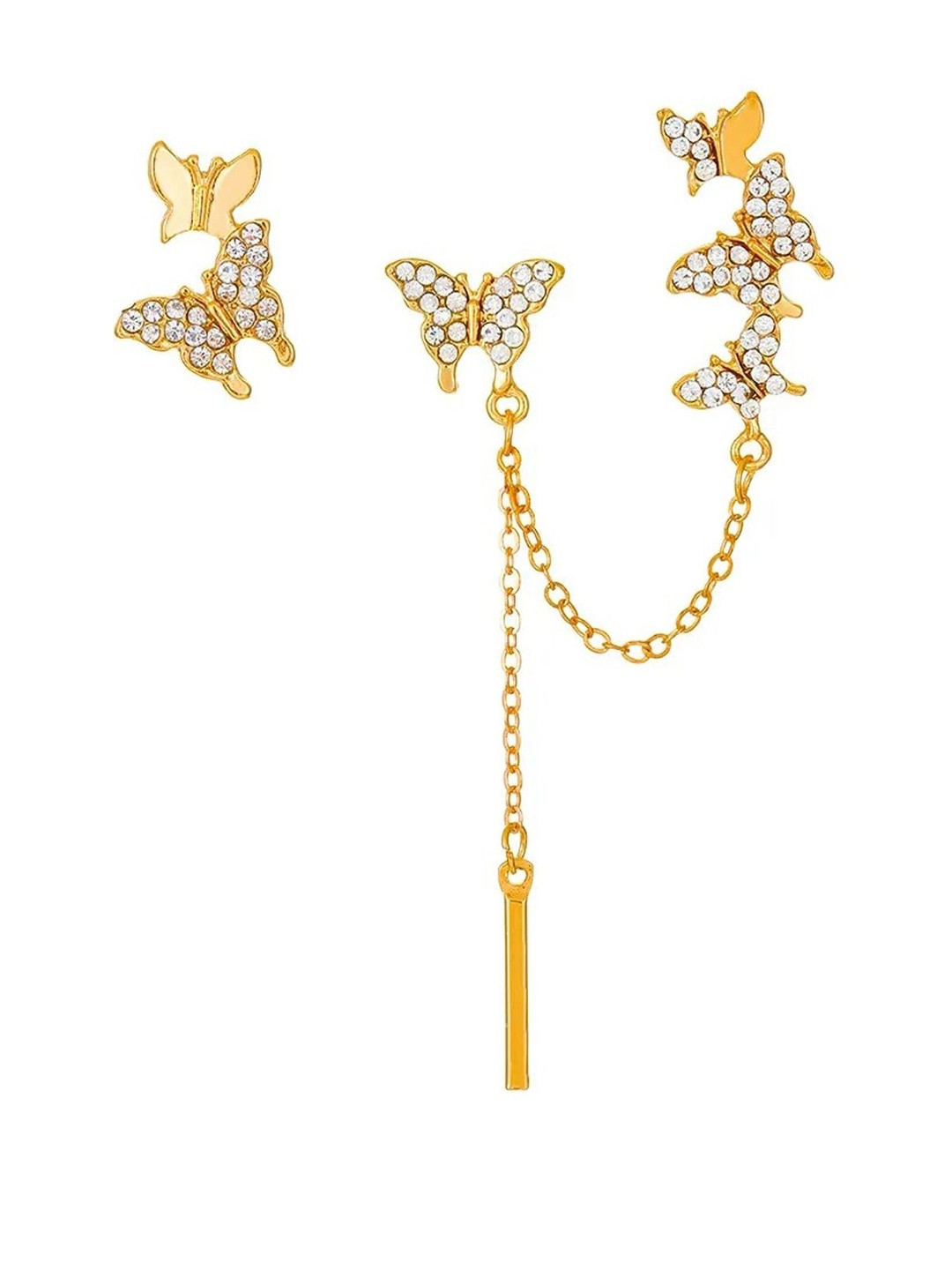 FIMBUL Women Gold-Plated Butterfly Design Stud and Chain Drop Earrings