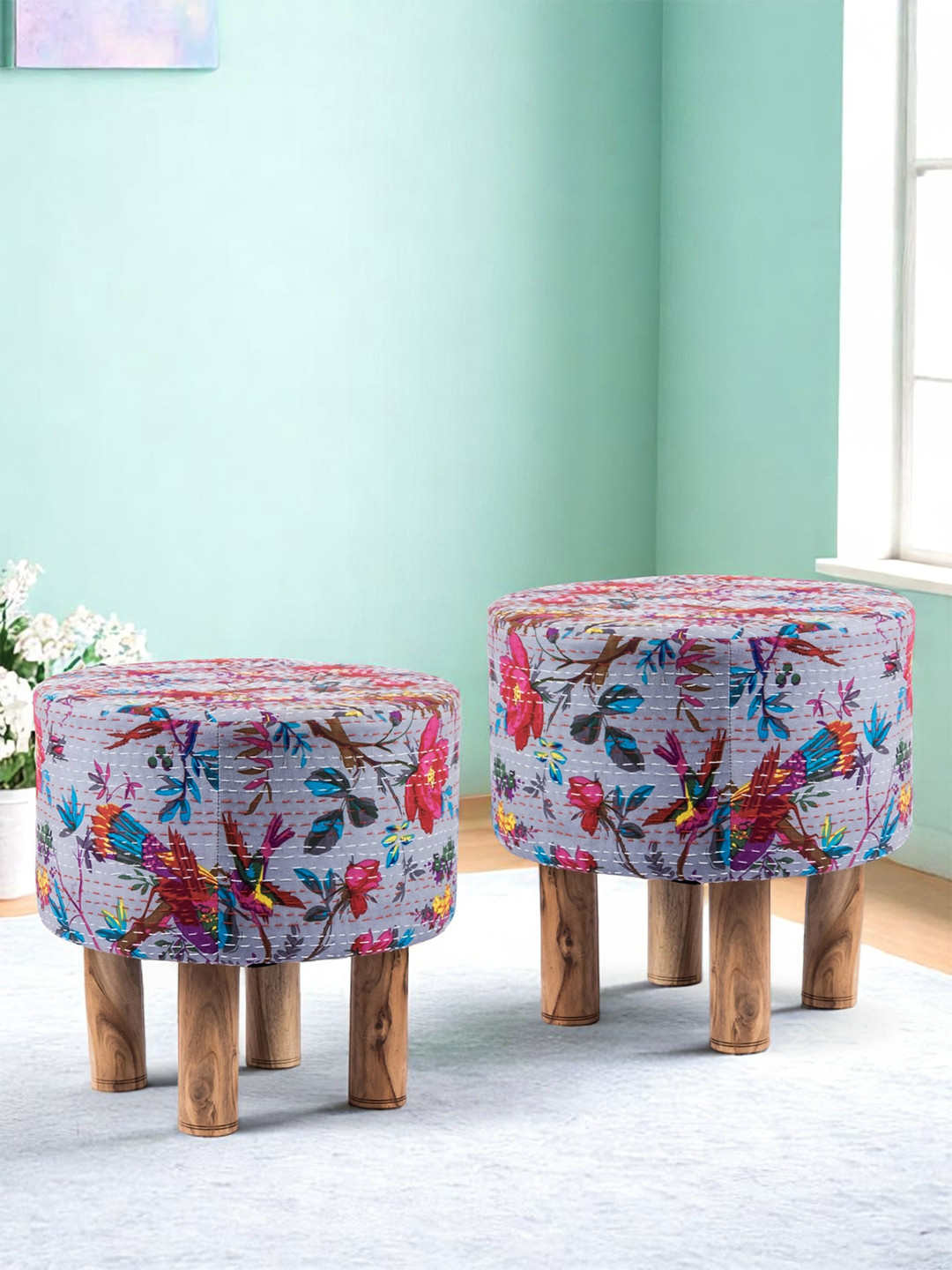 Ikiriya Solid Wood Round Set Of 2 Pouf Stools In Grey Brid Print Kantha Upholstery