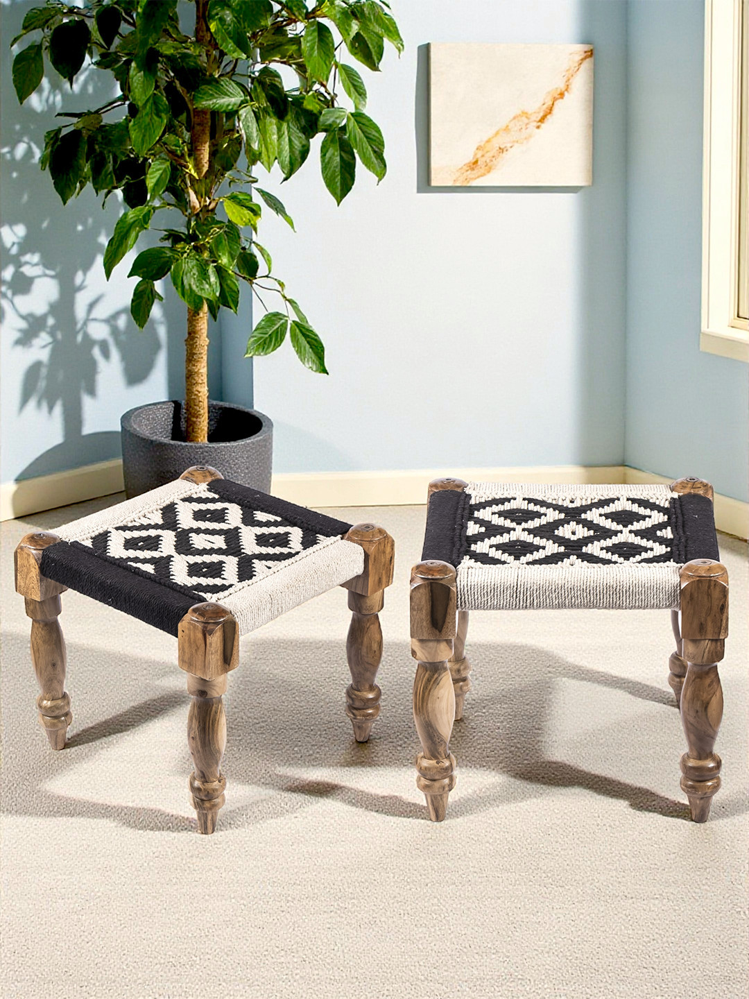 Ikiriya Riaza Sheesham Wood Square Maachi Set Of 2 Stools In Black & White Rope Canning