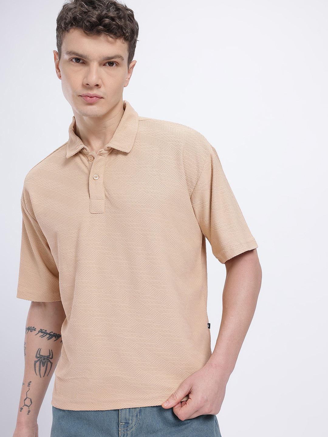 Geometric Self-Design Relaxed Fit Polo Collar T-shirt