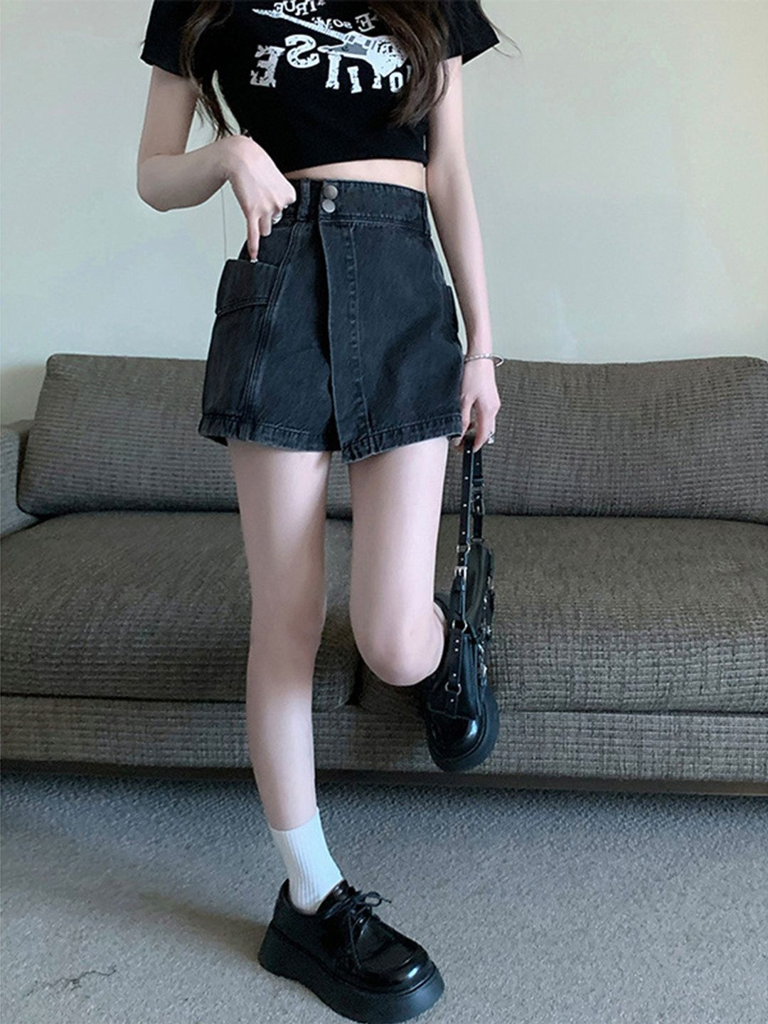 HERE&NOW Women Grey Denim Solid Casual Wrap Midi Skirts