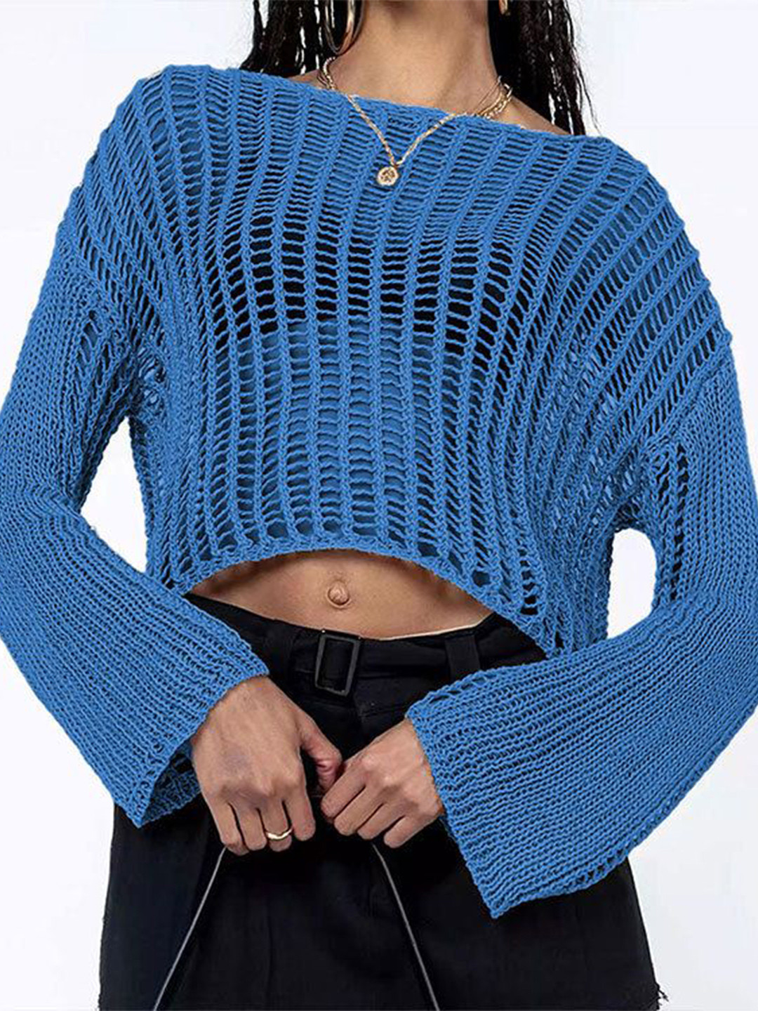 StyleCast Women Open Knit Self Design Boat Neck Crop Sweater Vest