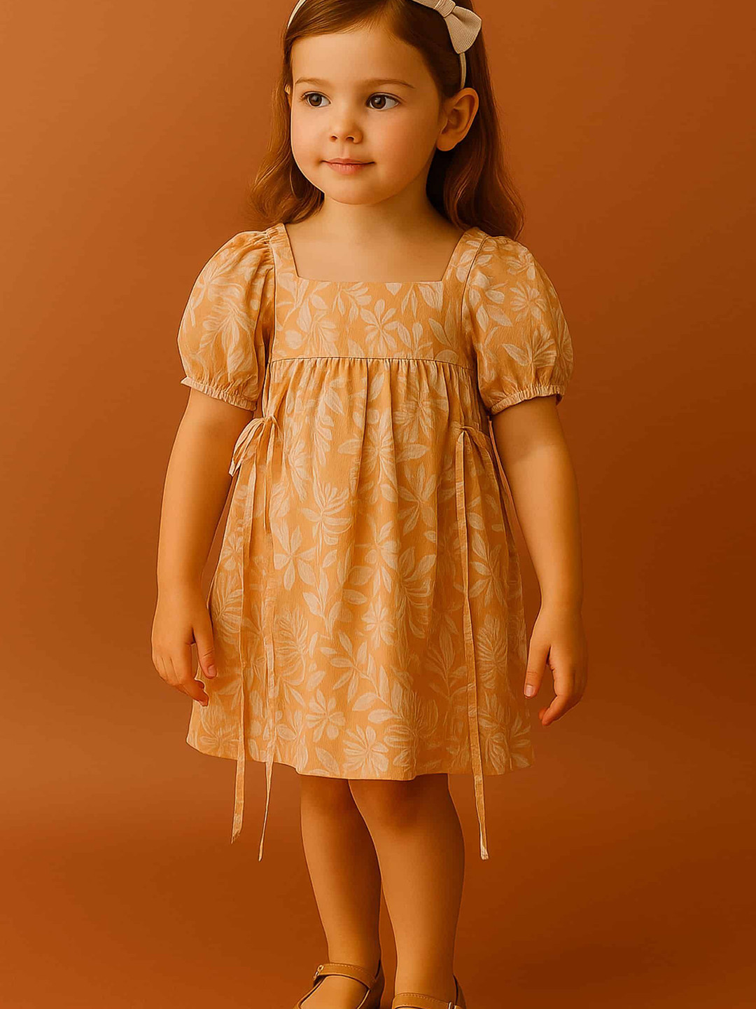 Le Nino Girls Floral Printed Puff Sleeve Fit and Flare Dress