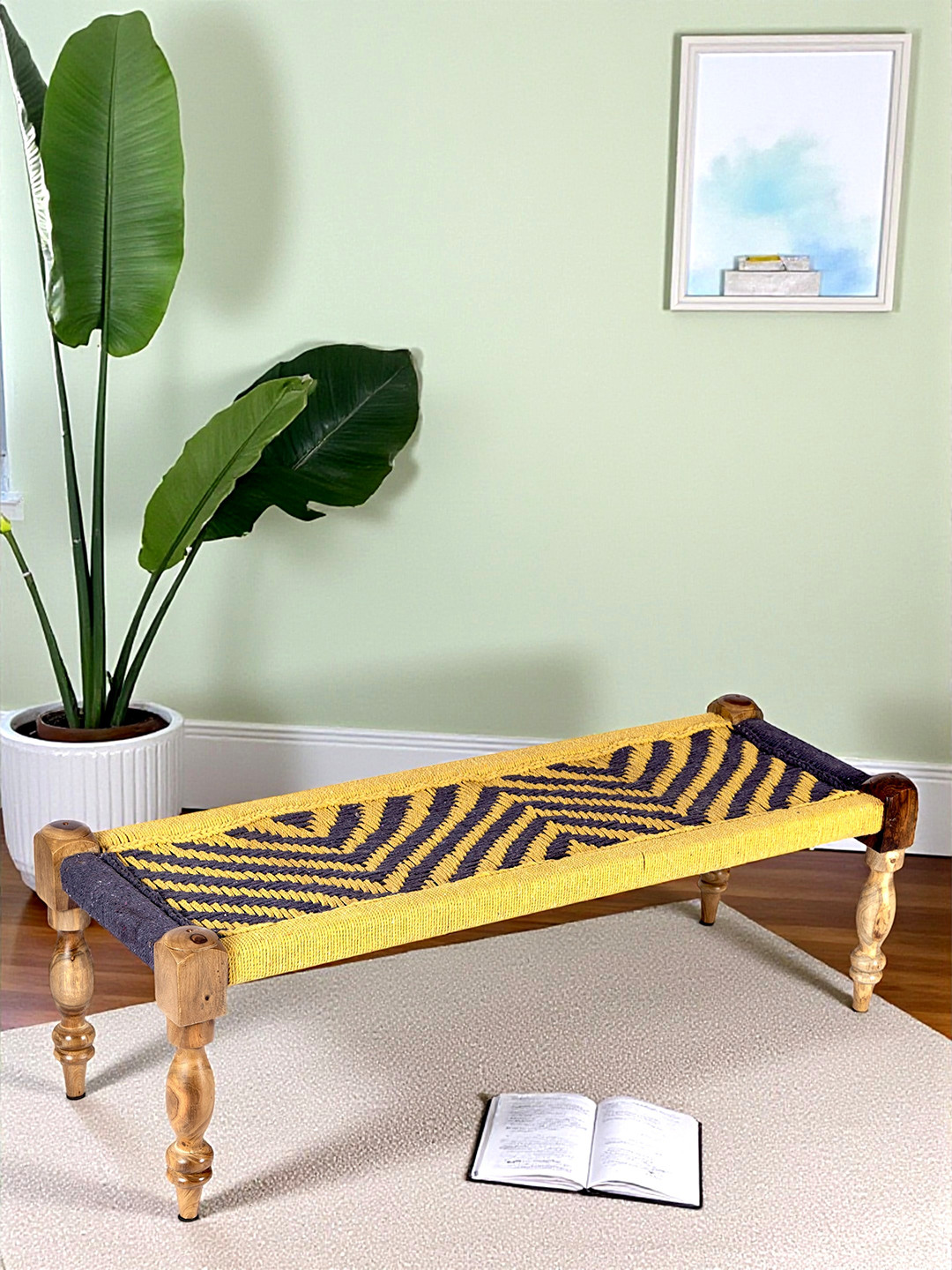 Ikiriya Hamilton Sheesham Wood 3 Seater Maachi Bench In Yellow & Purple Rope Canning