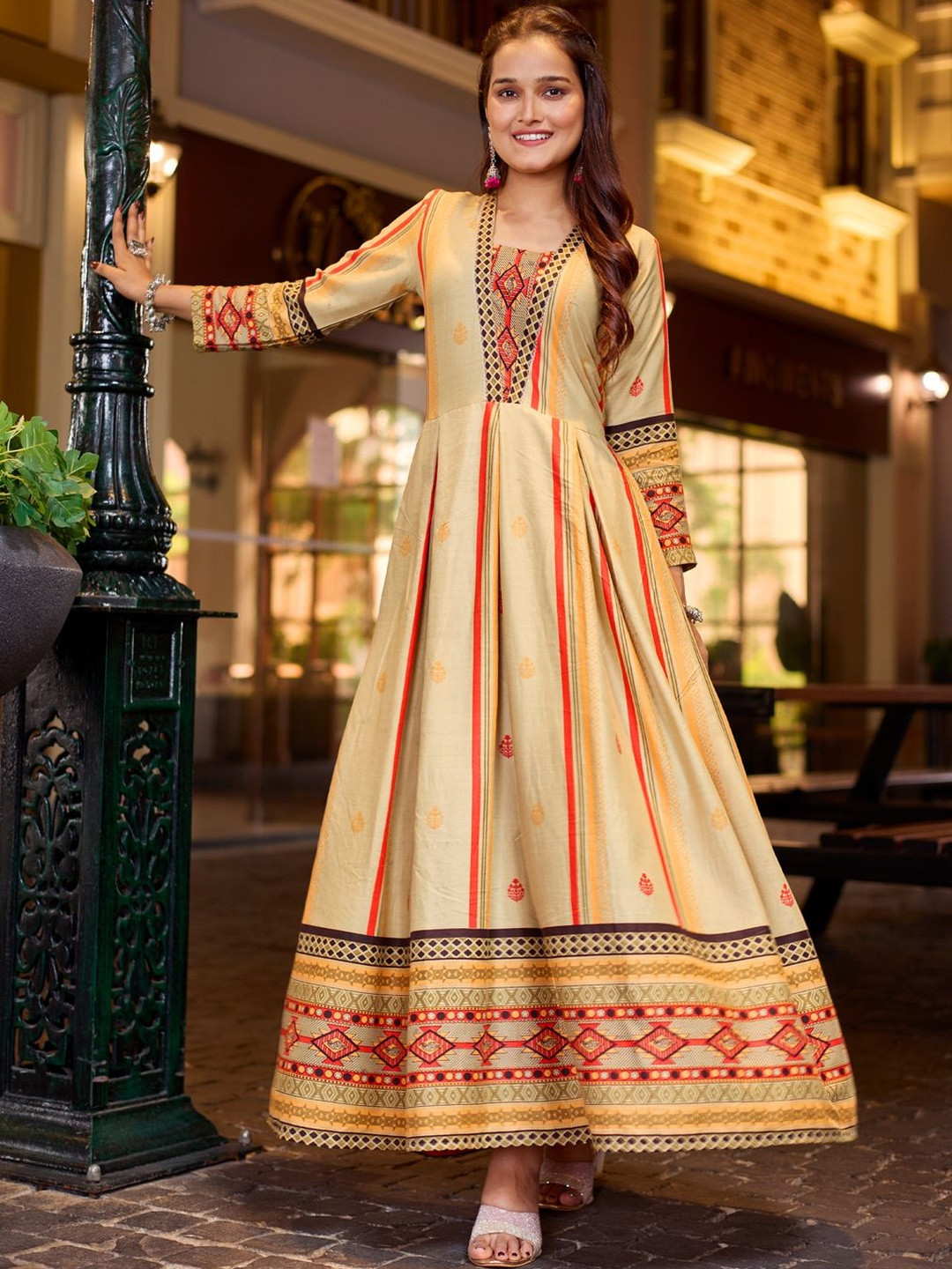HERE&NOW Floral Rayon Line Embroidery Work Anarkali Gown