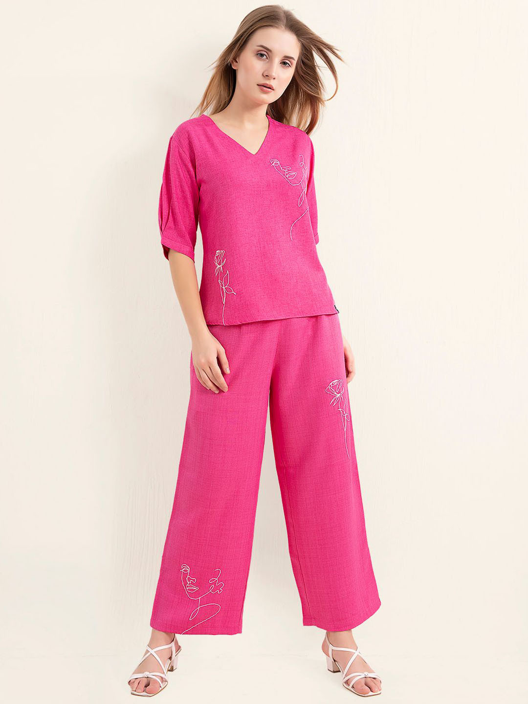 L&M Leisure and Moods Embroidered V-Neck Top with Straight Pants