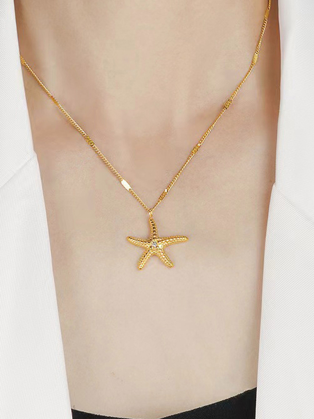 Designs & You Gold-Plated Stainless Steel Stones Studded Star Shaped Pendant With Chain