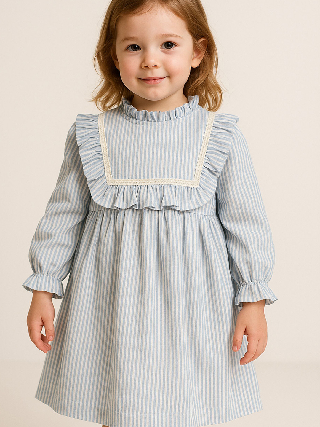 Le Nino Girls Striped Ruffle Collar Dress
