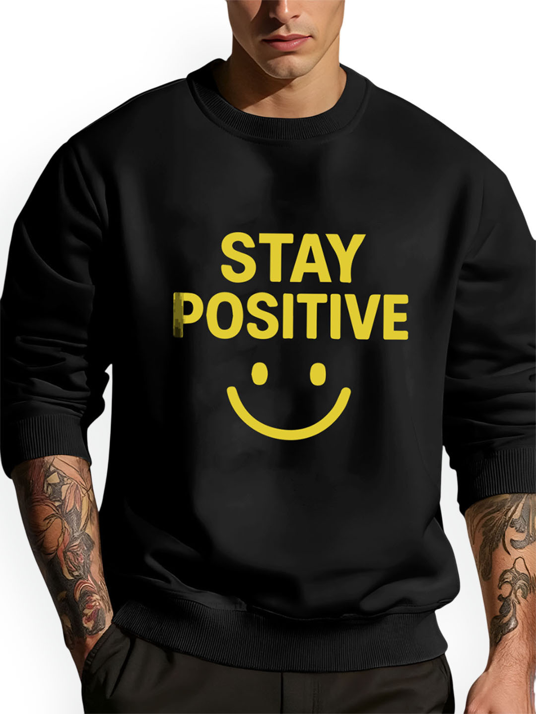 AUSK Men Black & Yellow Printed Full Sleeve Round Neck Fleece Ribbed Sweatshirt
