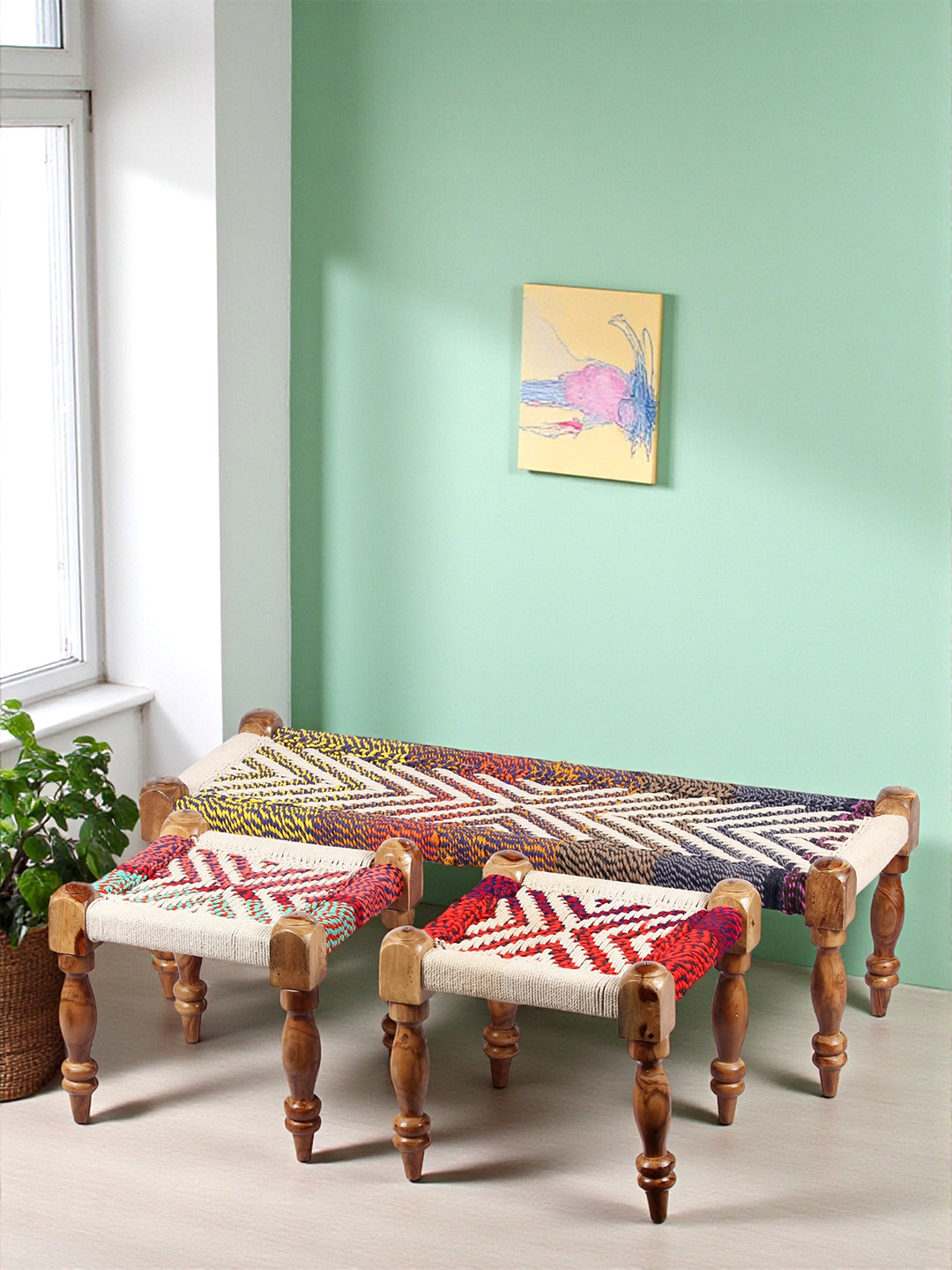 Ikiriya Sheesham Wood 3+1+1 Maachi Bench Set With 2 Stools In Multi Colour Chindi Ropes