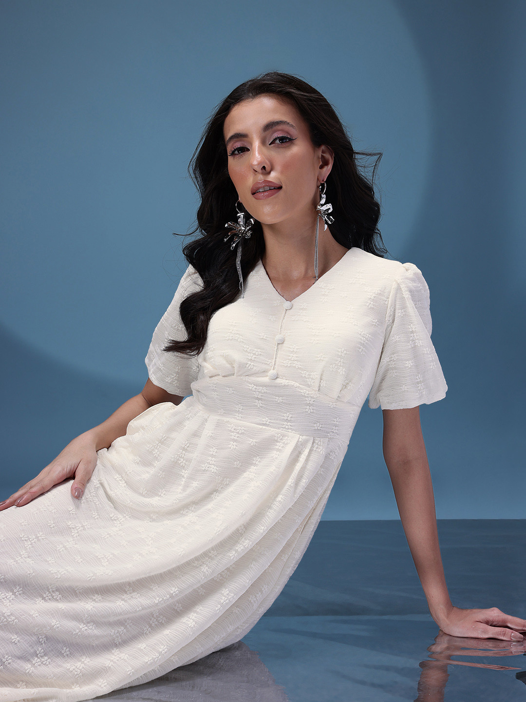 bebe Self Design Textured V-Neck A-Line Dress