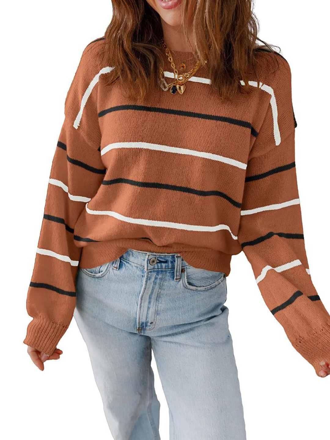 StyleCast x Revolte Women Cable Knit Striped Round Neck Pullover
